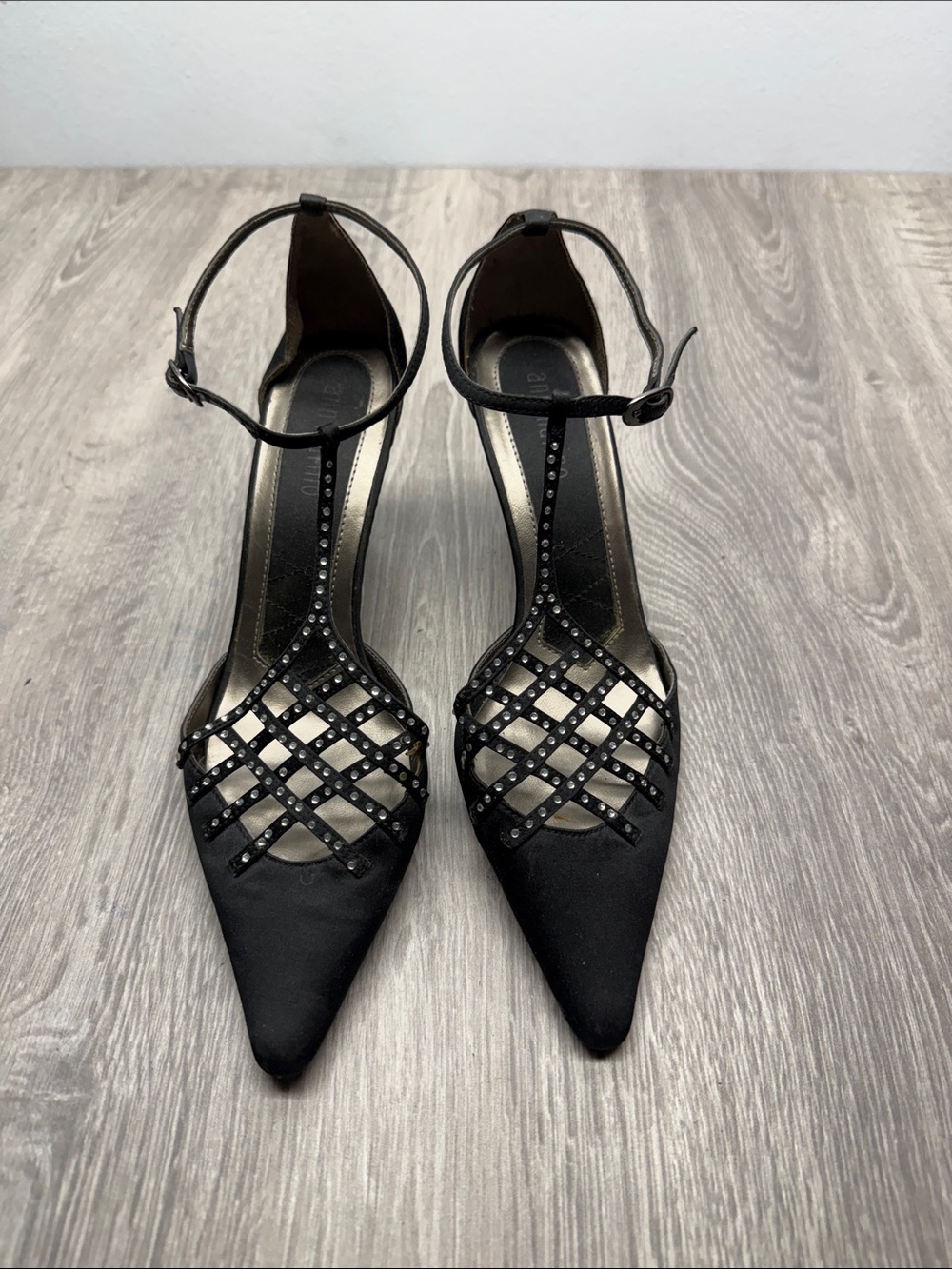 Ann Marino Black Pointed-Toe Ankle-Strap Heels with Studded Lattice